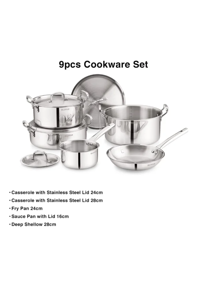 بيرجنر Bergner Triply Stainless Steel 9pcs Cookware Set - 16cm Saucepan, 24cm & 28cm Casseroles, 28cm Biryani Pot, 24cm Frypan & 4 Lids, Less Oil Use Healthy Cooking Set, Induction & Gas Compatible